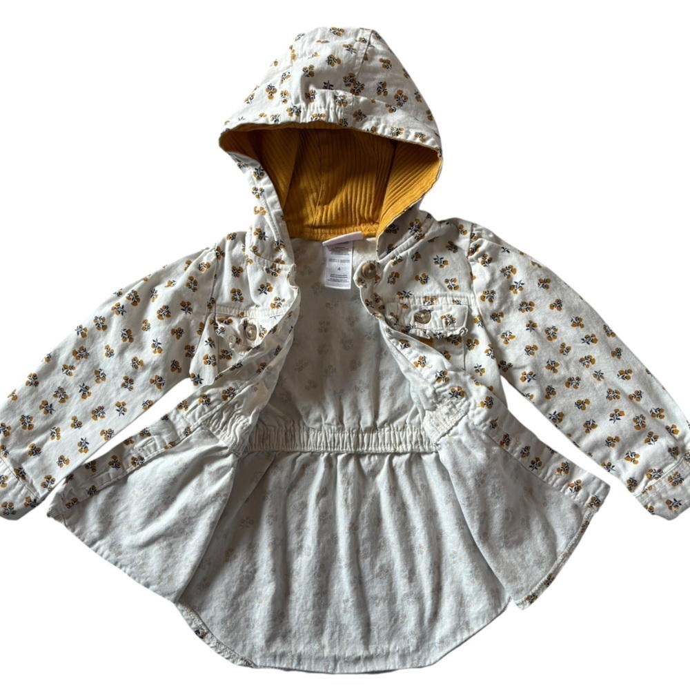 Little Lass Floral Hooded Jacket Girls Size 4 Yellow Lined Hood Snap Button